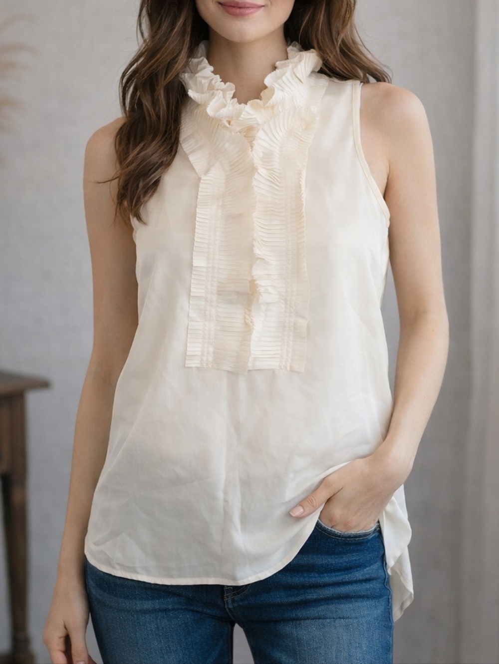 J.Crew Silk Ruffle Neck Blouse Ivory Sleeveless Romantic Cottagecore 4